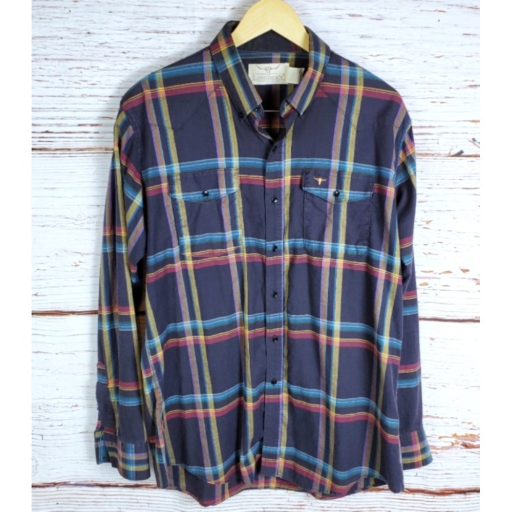 Longhorn Niver Western Wear Plaid Shirt Men's Size 17 x 36 Navy Blue Button Down